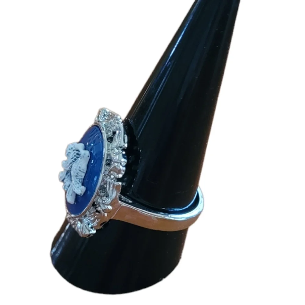 Vintage Blue Cameo Love Birds Statement‎ Ring Silver Tone Filigree Oval Size 9